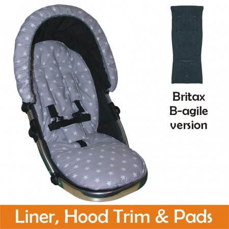 Matching Liner, Hood Trim & Harness Pads Package to fit Britax B-agile Pushchairs - Silver Star Design